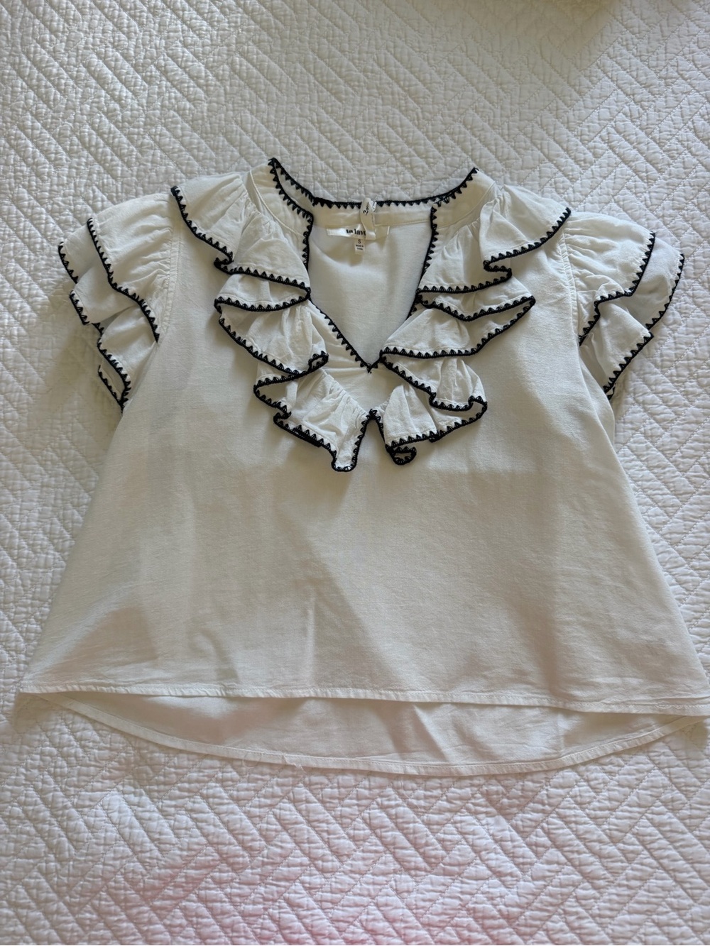 White Ruffle V-Neck Top with Black Trim - Women